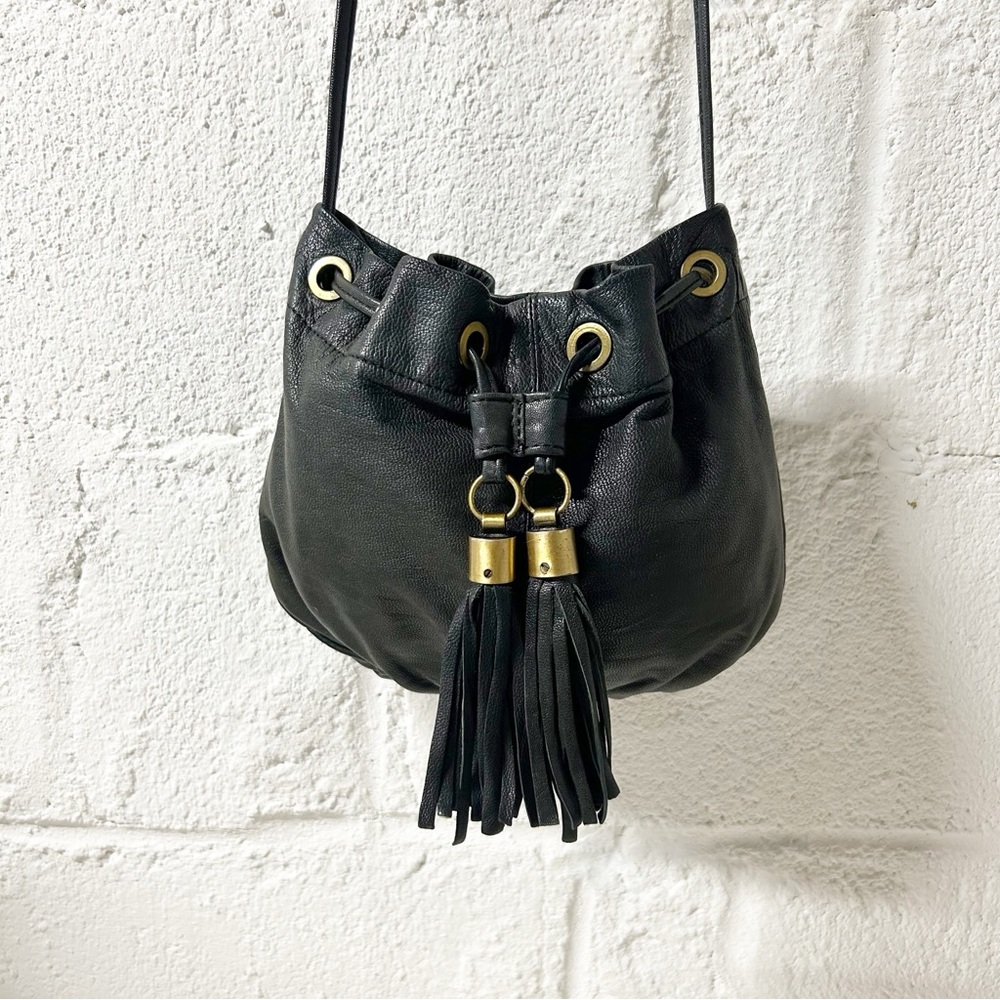 TopShop Real Leather Bucket Crossbody Bag with Tassels Grayish Black Color - Picture 5 of 8